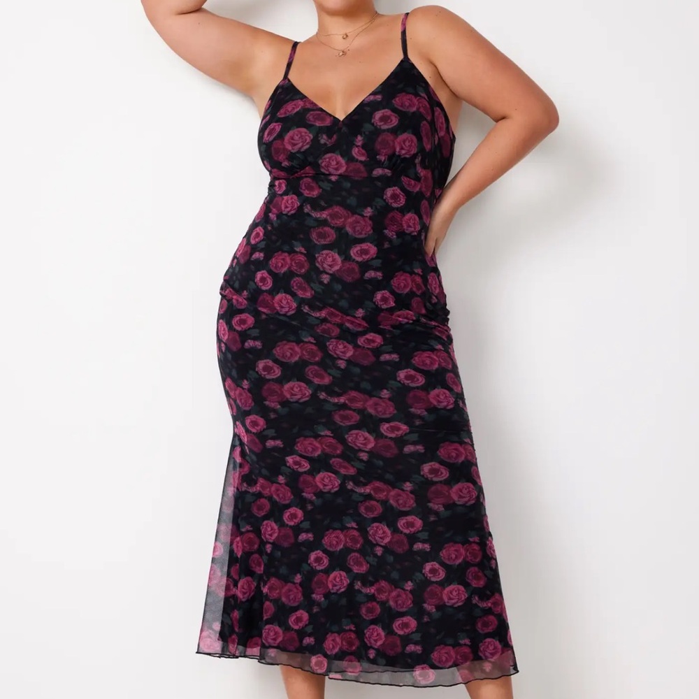 Cider Mesh V-Neck Floral Maxi Dress Size L